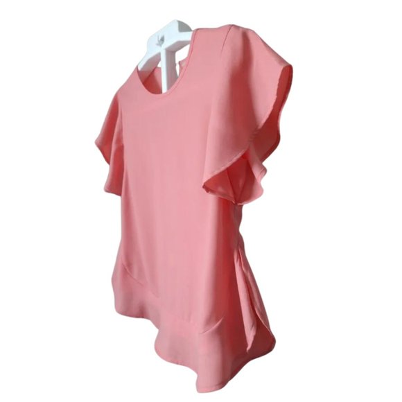 Women's Pink Blouse Ruffle Formal Crepe Short Sleeve Crewneck Button Back Size S - Picture 3 of 12